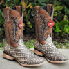 A pair of Men's Genuine Cowhide Coco Belly Print Leather Square Toe Boots Handcrafted with crocodile skin on them.