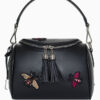 A black bag with tassels and bees on it.