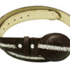 A leather belt with a white and brown stripe.