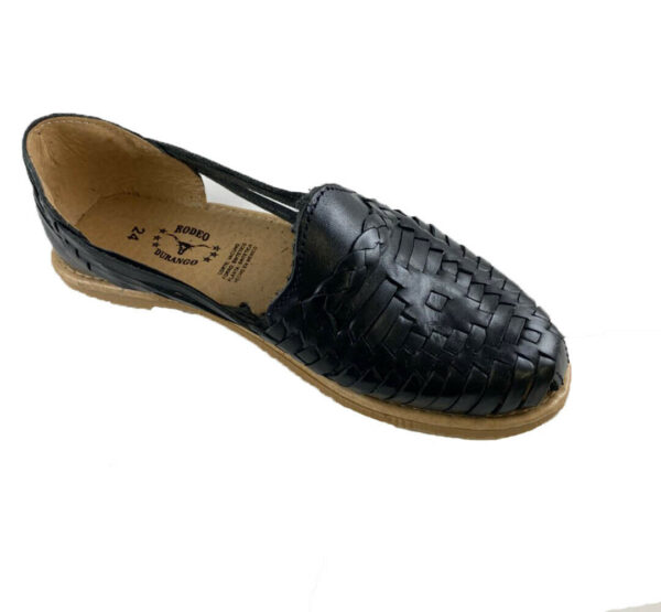 A women's Women Handmade Mexican Genuine Soft Black Leather Sandal Huaraches on a white background.