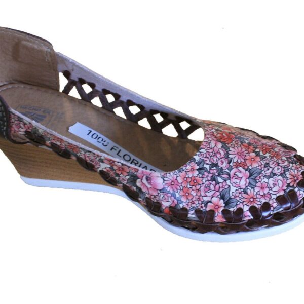 Women Genuine Leather Espadrille Wedges Mexican Floral Print