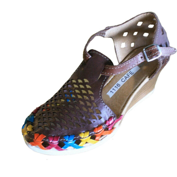 A pair of Women Genuine Leather Espadrille Wedges Mexican Sandals with Flower Paint with a braided strap.