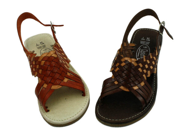 A pair of Women's Genuine Soft Leather Ladies Mexican Sandals Style 35143 with braided straps.