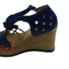 A Women Genuine Leather Espadrille Wedges Mexican Blue Color Sandals CR1116 with a colorful pattern.