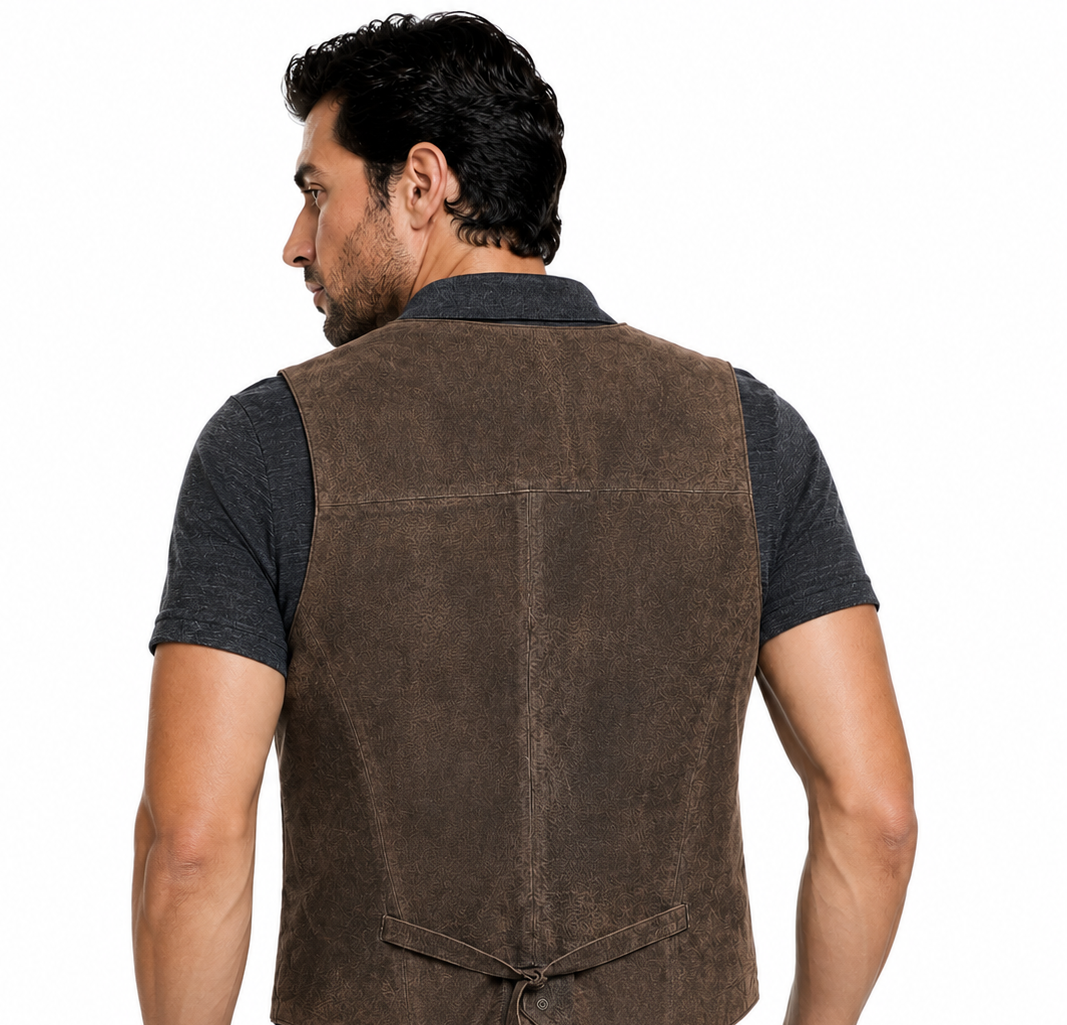 Men's Genuine Soft Suede Brown Leather Snap Closure Western Biker Vest - Image 2