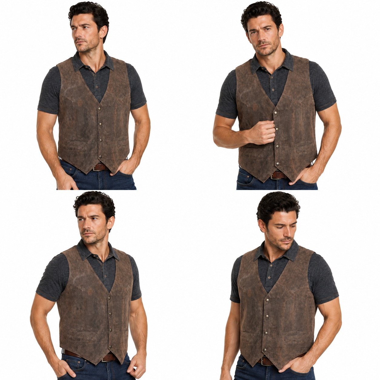 Men's Genuine Soft Suede Brown Leather Snap Closure Western Biker Vest - Image 3