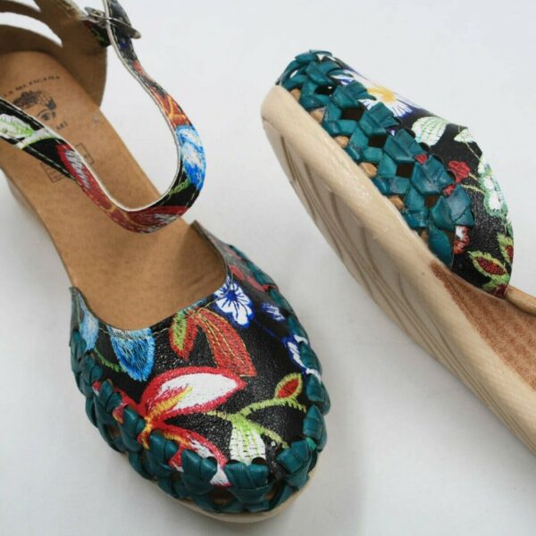 Genuine Leather Espadrille Wedges Mexican Sandals with Flower Paint