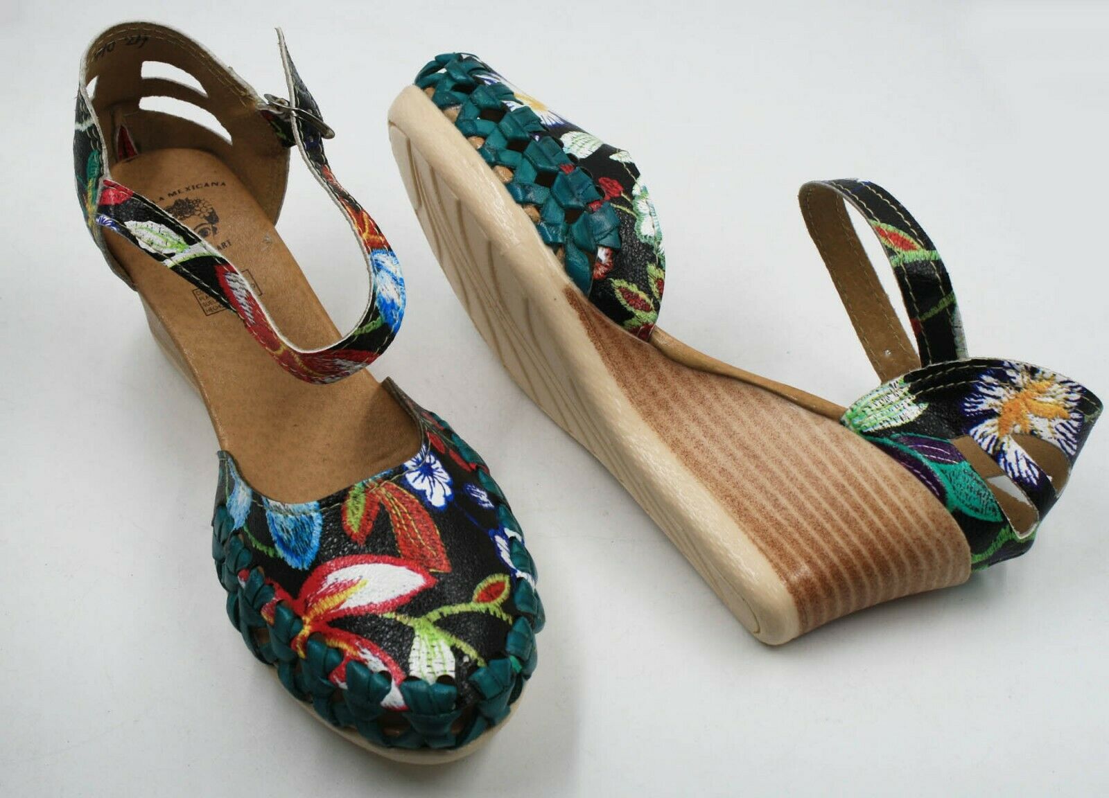 Details about  / Women Genuine Leather  Wedges Mexican Sandals with Flower Embroidery CR278