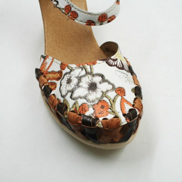 Women Genuine Leather Espadrille Wedges Mexican Sandals with White Flower Paint 