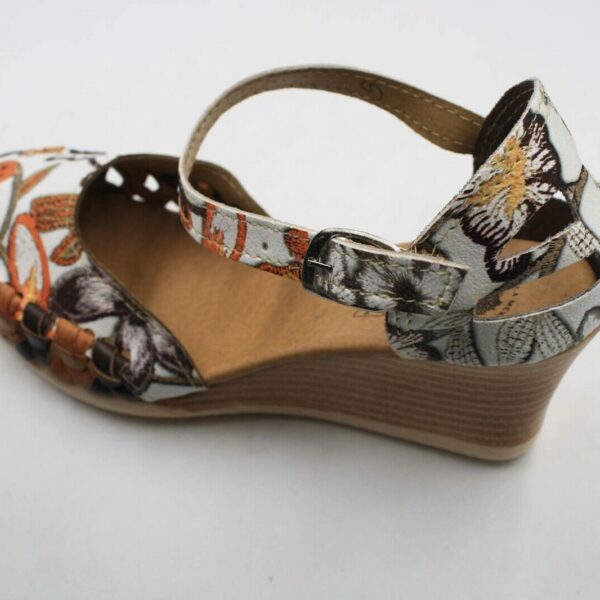Women Genuine Leather Espadrille Wedges Mexican Sandals with Brown Flower Paint 