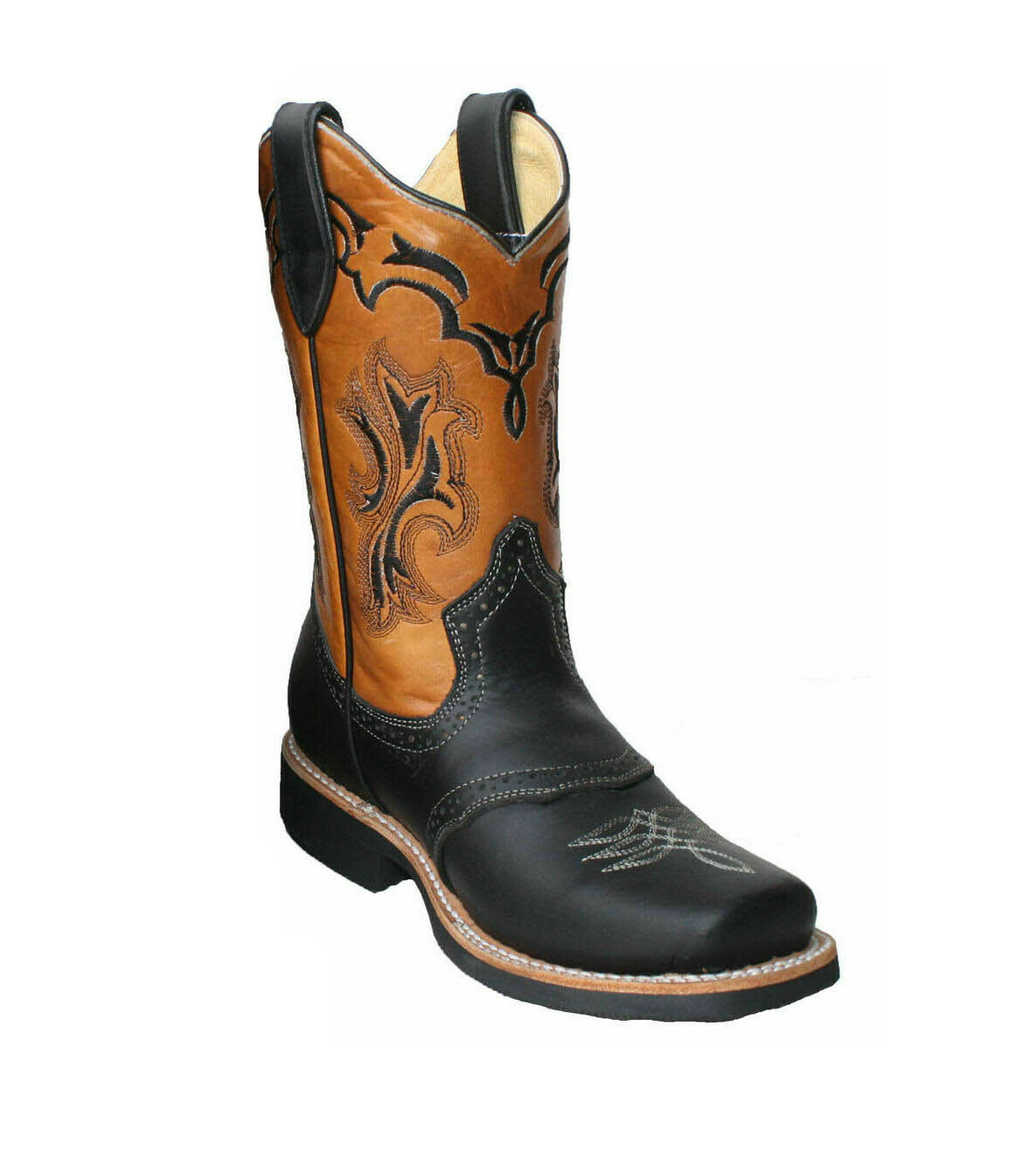  Children Youth Sizes Cowboy Boots Leather Square Toe Rodeo  Boys Western Plain_Black_3