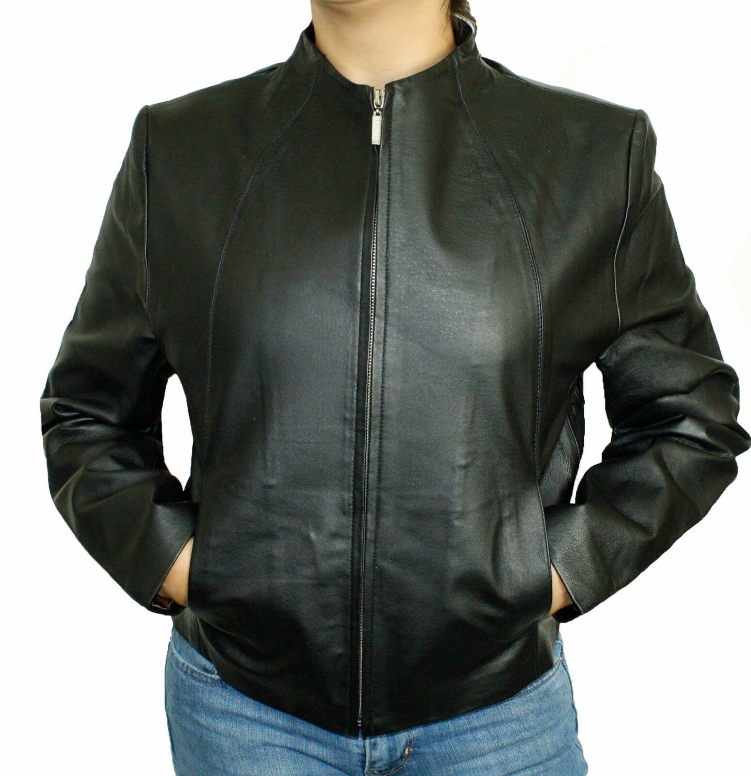 Ladies Jacket Black Zip-Up Genuine Napa Leather Two Pockets Jacket PN 319