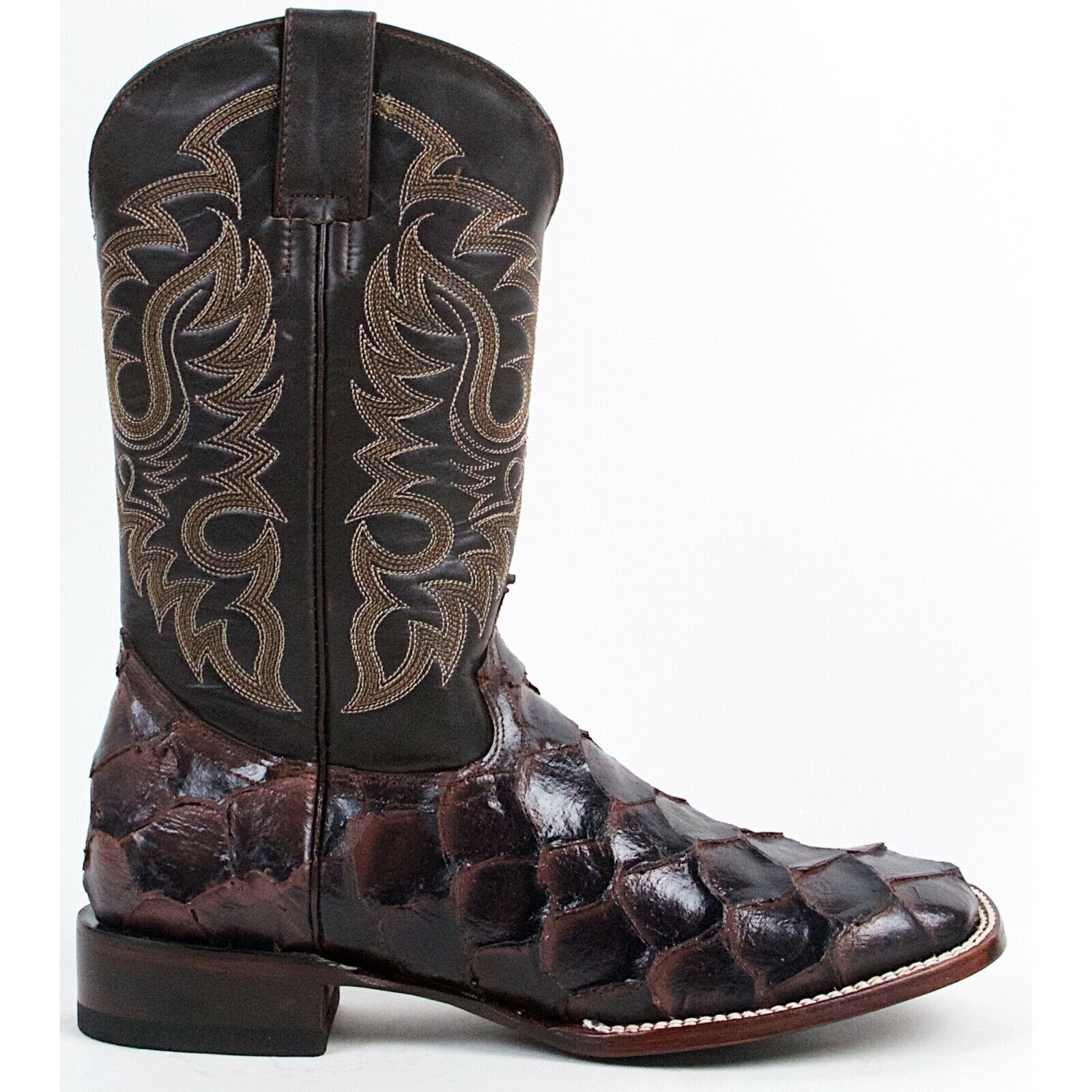 Men Square Toe Boots Cowhide Fish Print Leather Wide Handcrafted