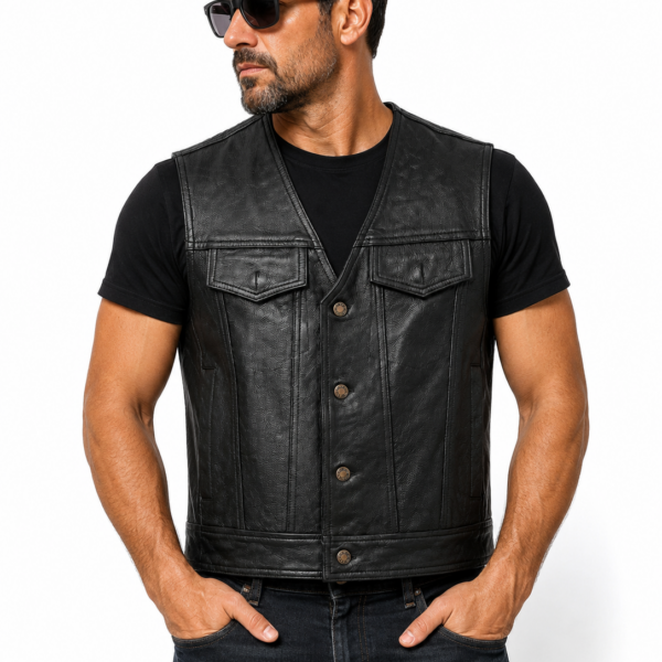 Men's Genuine Leather Button Closure Vest Classic Motorcycle Western Vest