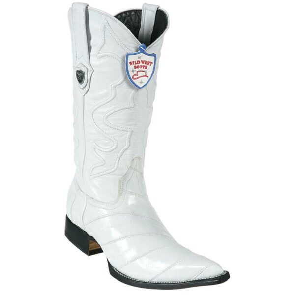 A pair of Men's Wild West White Eel 3x Toe Boots Handcrafted with a Men's Eel logo on the side.