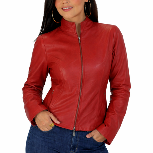 Women's Genuine Red Leather Napa Zipper Front Closure Jacket Handcrafted