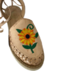Women Wrap Up Sandals Genuine Authentic Mexican Beige Leather Handcrafted with a sunflower embroidered on them.