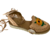A pair of Women Wrap Up Sandals Genuine Authentic Mexican Beige Leather Handcrafted with sunflowers on them.