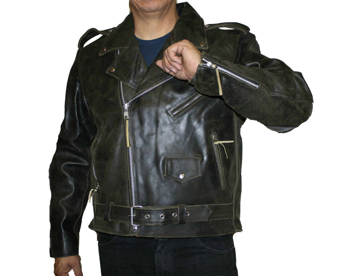 Men's Brown Distress Jacket Cow Hide Leather Half Belt Motorcycle