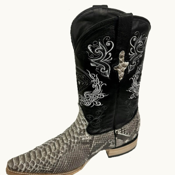 A stylish pair of Men's White Diamond White Python 3x Toe Boots Handcrafted on a clean white background.