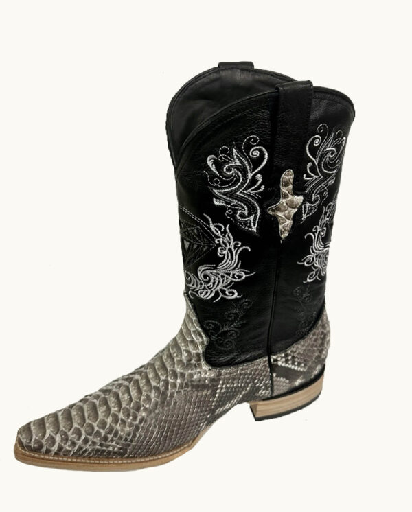 A stylish pair of Men's White Diamond White Python 3x Toe Boots Handcrafted on a clean white background.