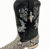 A pair of black and white cowboy boots with a python design, perfect for men's White Diamond White Python 3x Toe Boots Handcrafted.