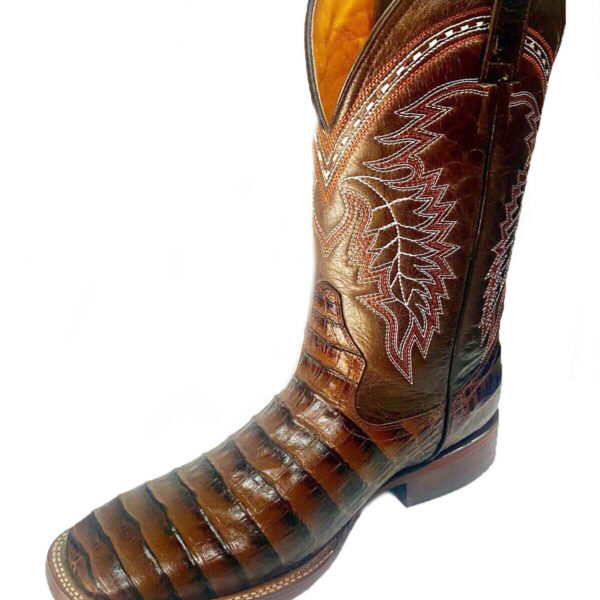 A brown Men's Genuine Cowhide Coco Belly Print Leather Square Toe Boot Handcrafted with crocodile skin.