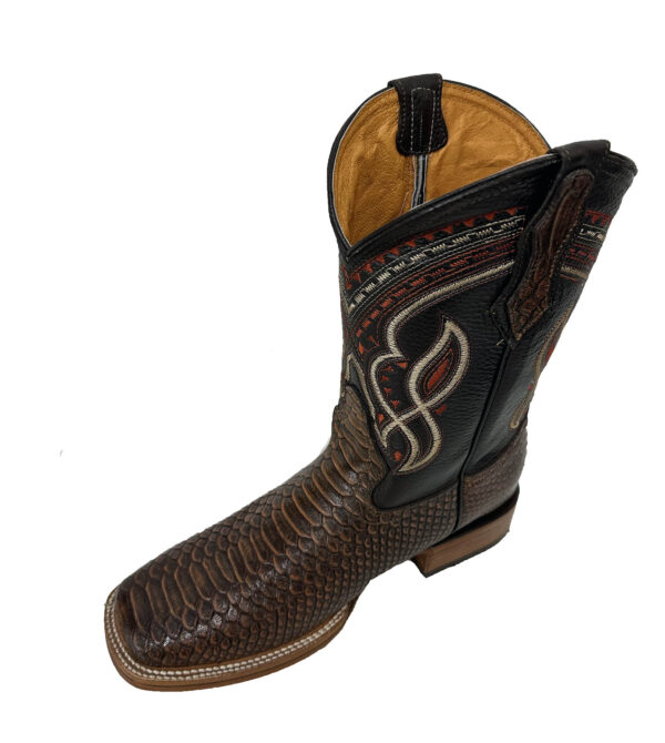 A men's cowboy boot with a brown and black design.