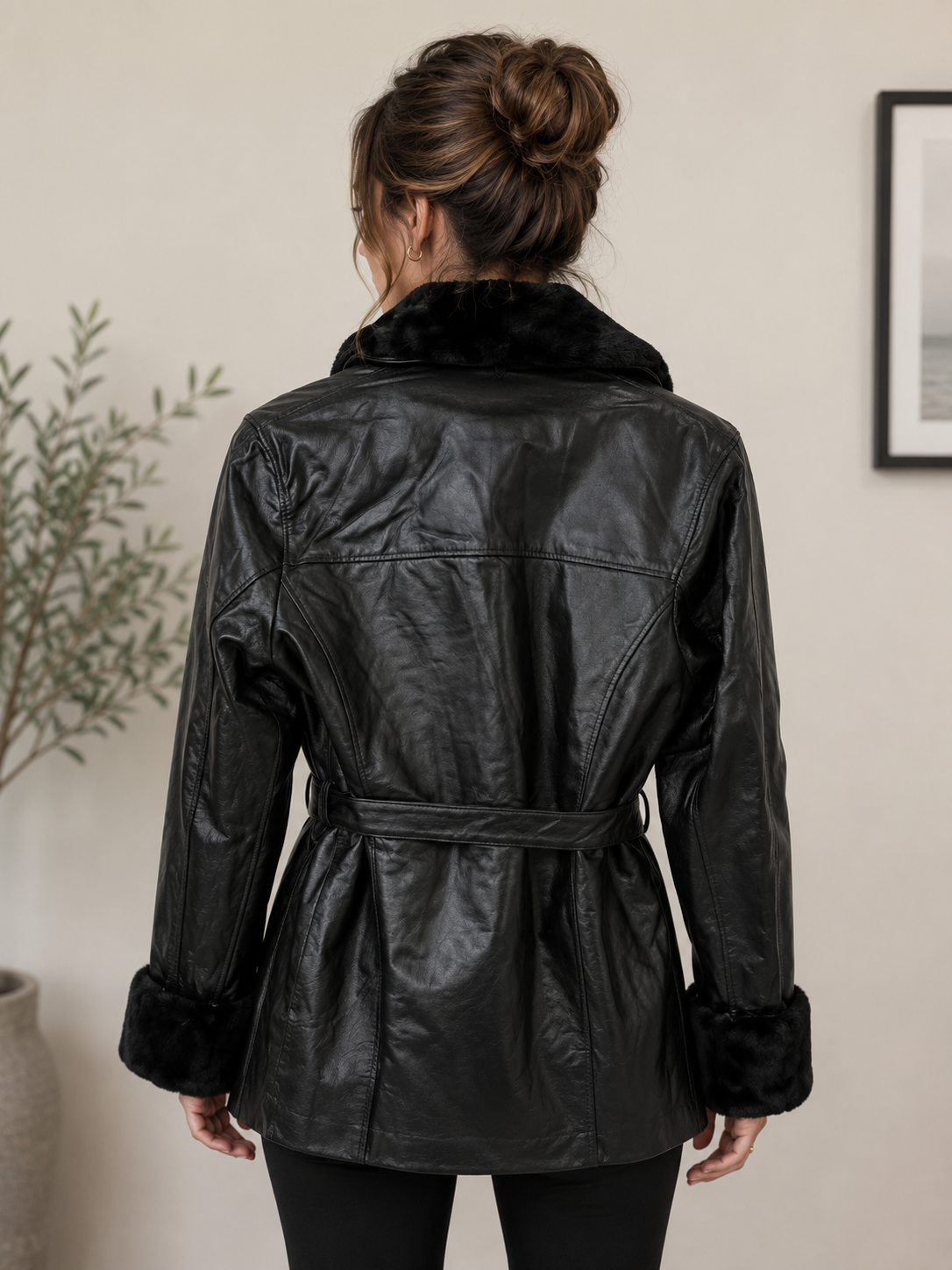 Women's Genuine Leather Jacket with Faux Fur Trim - Image 4