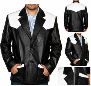 Men's Genuine Leather Cowboy Blazer Black White Western Jacket
