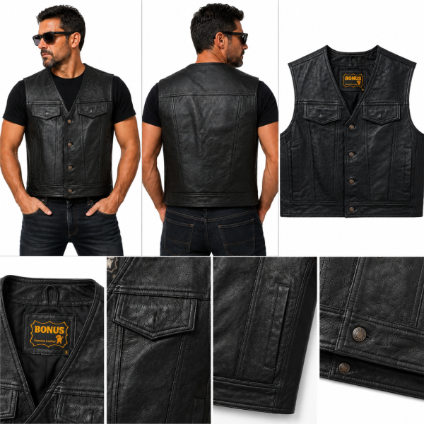 825-2.png Men's Genuine Leather Button Closure Vest Classic Motorcycle Western Vest