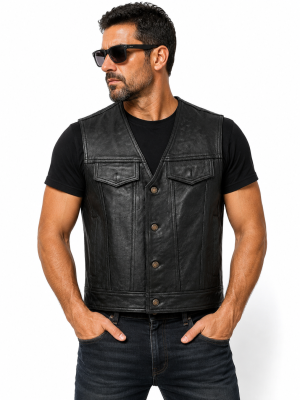 Men's Genuine Leather Button Closure Vest Classic Motorcycle Western Vest