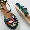 Genuine Leather Espadrille Wedges Mexican Sandals with Flower Paint