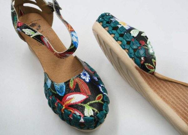 Genuine Leather Espadrille Wedges Mexican Sandals with Flower Paint