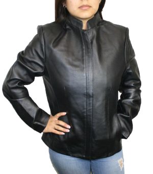 Women genuine soft leather zipper closure jacket with mandarin collar ~~