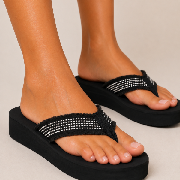 black-1-1.png Sandal Platforms Wedges Beach Flip Flops Studded Straps with Stone