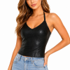 Women’s Genuine Lambskin Black Leather Halter Top — Fitted, Soft & Elegant