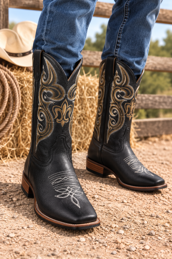 black-1.png Men's Genuine Leather Western Cowboy Boots Square Toe Embroidered Riding Boots