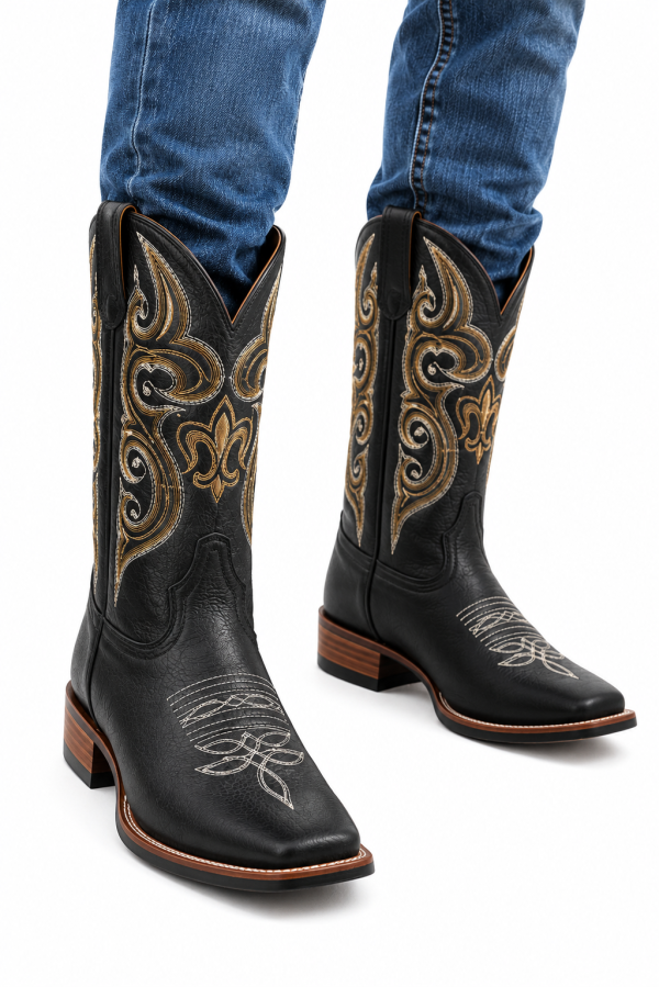 black-2.png Men's Genuine Leather Western Cowboy Boots Square Toe Embroidered Riding Boots