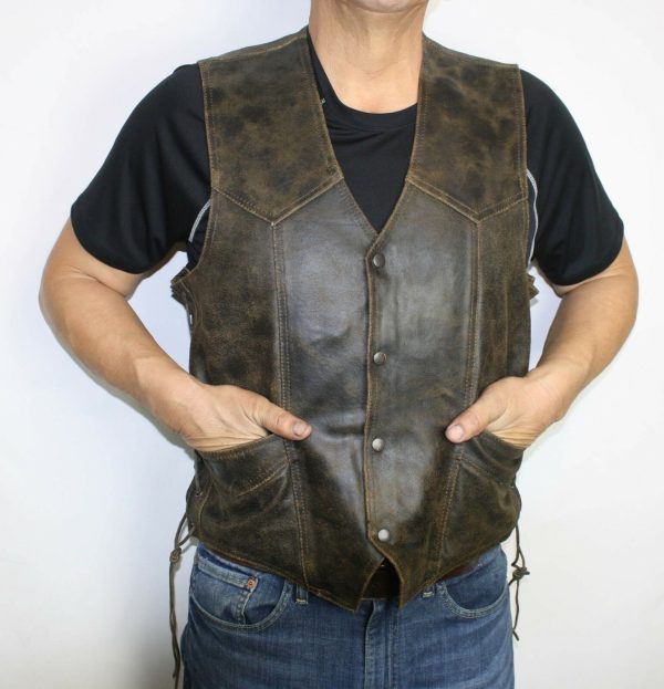 Men's Motorcycle Genuine Distress Brown Leather Side lace Western Vest