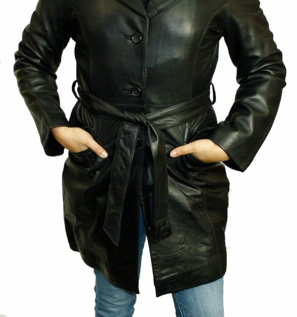 Women Long Jacket Genuine Premium Naked Lamb Leather Long Buttons/belted