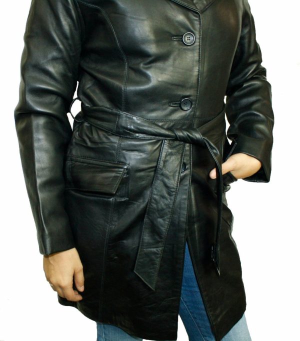Women Long Jacket Genuine Premium Naked Lamb Leather Long Buttons/belted