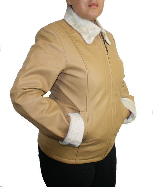 Ladies Jacket Warm Genuine Leather Bonded Faux Fur Zipper Closure