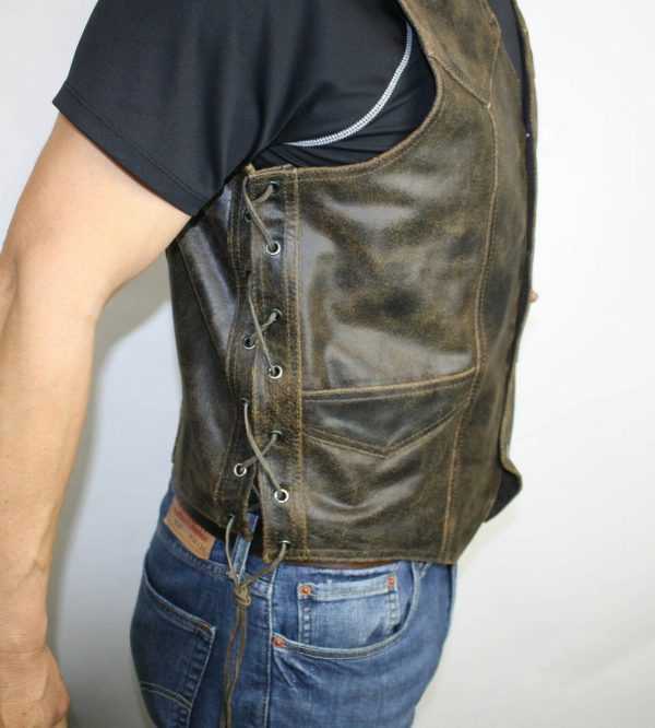 Men's Motorcycle Genuine Distress Brown Leather Side lace Western Vest