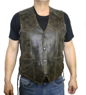 Men's Motorcycle Genuine Distress Brown Leather Side lace Western Vest