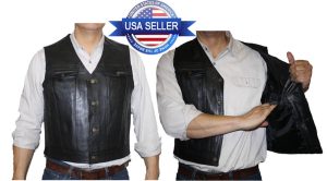 Men's Plain Motorcycle Genuine Cowhide Leather Club Quality Vest