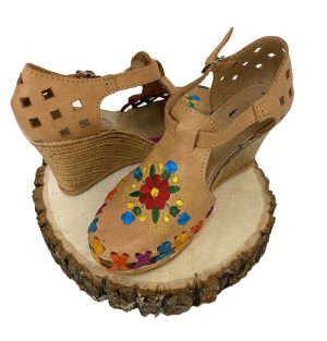 Women Genuine Leather Espadrille Wedges Mexican Sandals with Flower Embroidery