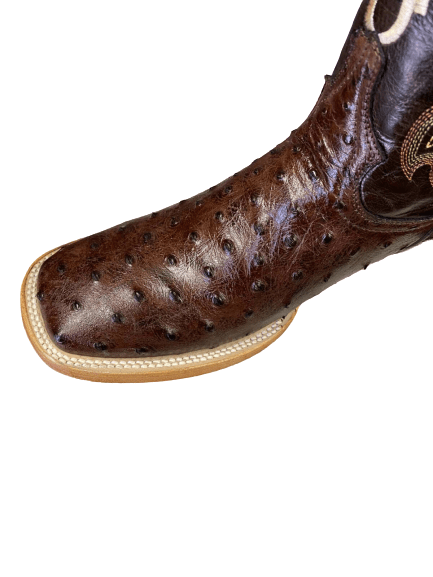 Men's Handcrafted Boots-Cowhide Brown Ostrich Print Leather Square Toe