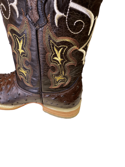 Men's Handcrafted Boots-Cowhide Brown Ostrich Print Leather Square Toe