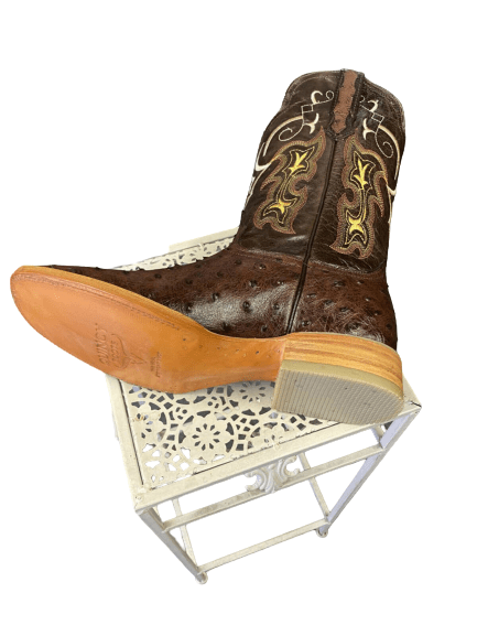 Men's Handcrafted Boots-Cowhide Brown Ostrich Print Leather Square Toe
